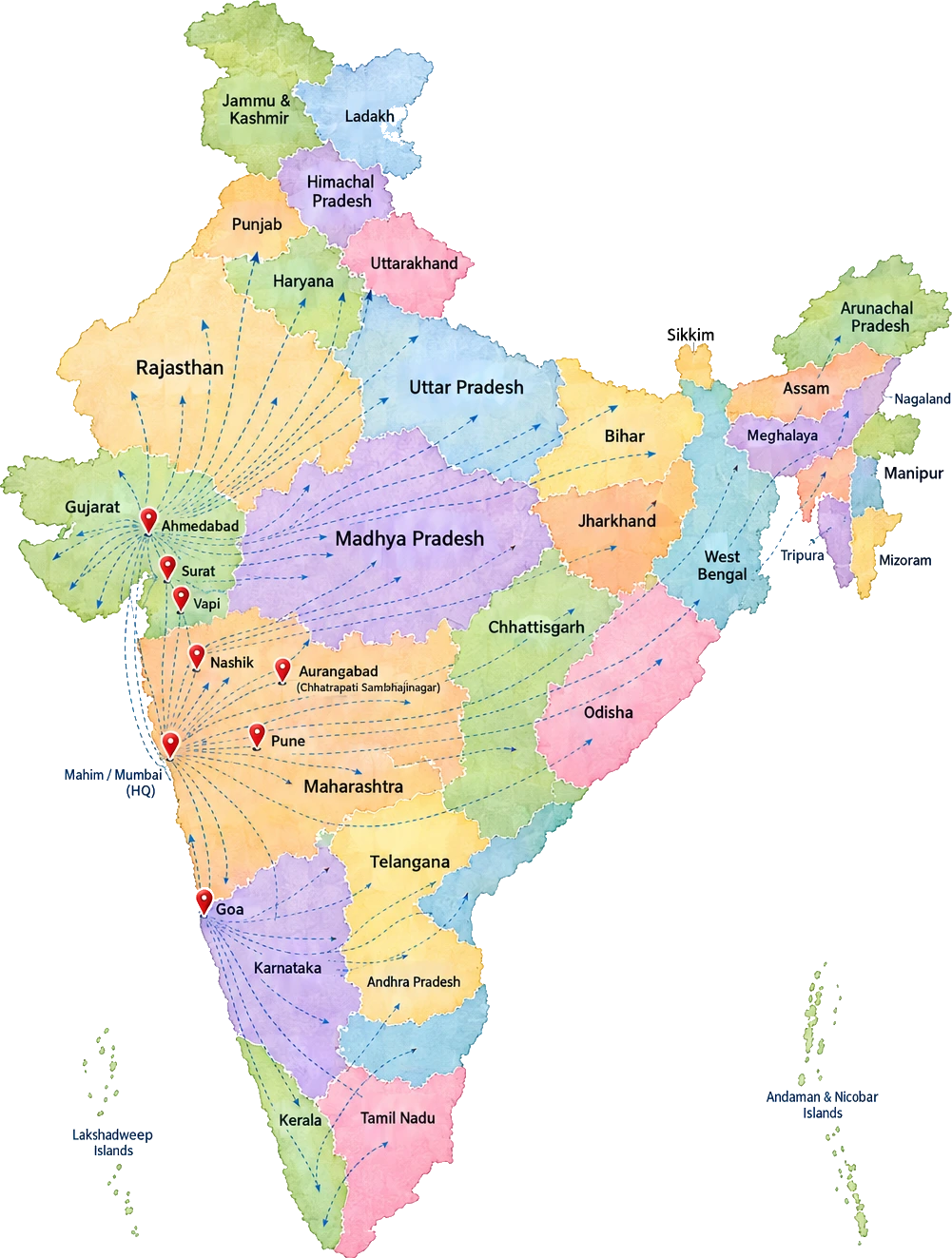 Map of India showing Channel Packaging's Mumbai head office and distribution locations
