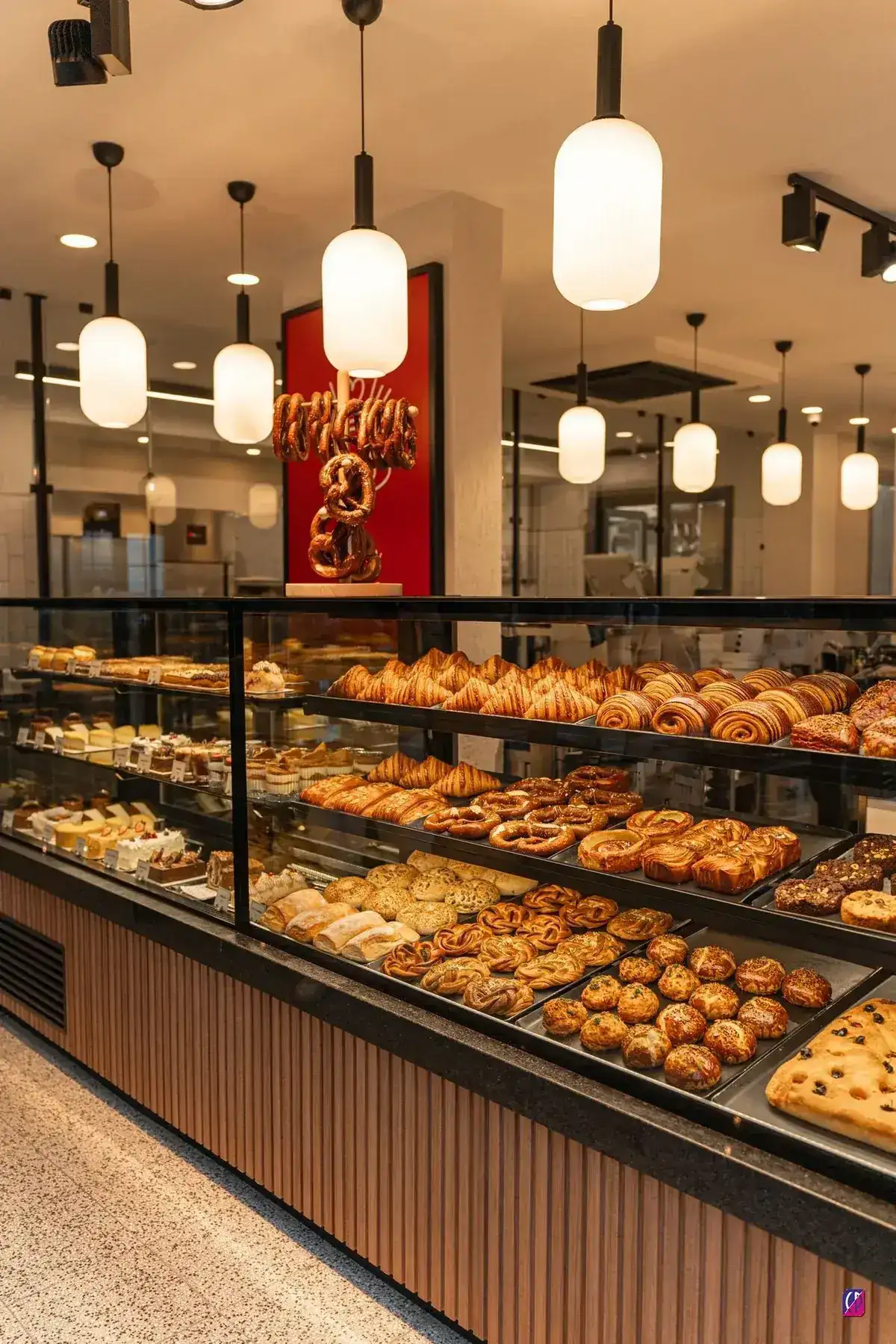 Modern bakery interior with pastries and packaged baked goods on display