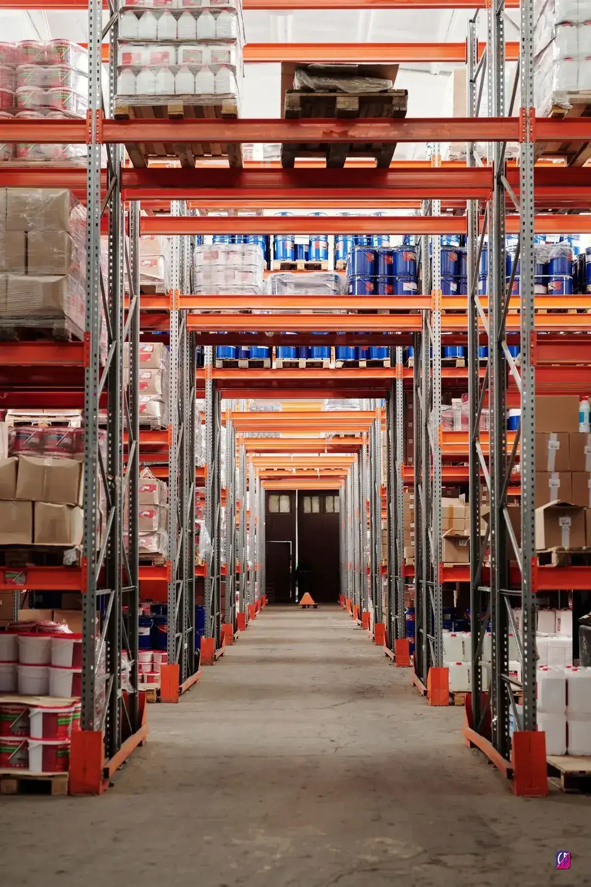 Warehouse distribution shelves stocked with packaging supplies